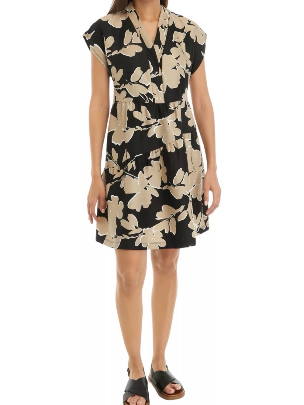 Sandra Darren Black Dress with Beige Floral Print